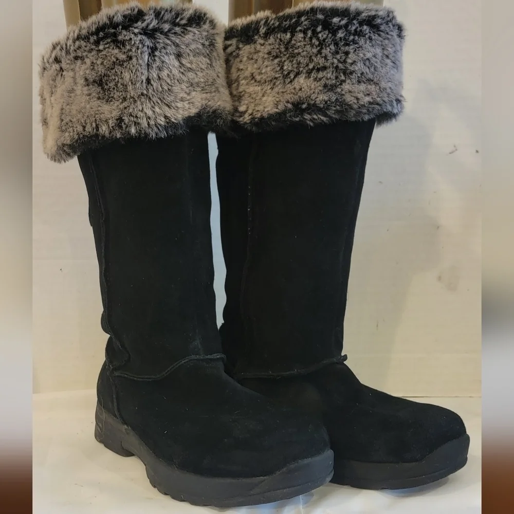 KHOMBU BLACK SUEDE LEATHER MID CALF BOOTS WITH FAUX FUR TRIM (sz‎ 4)